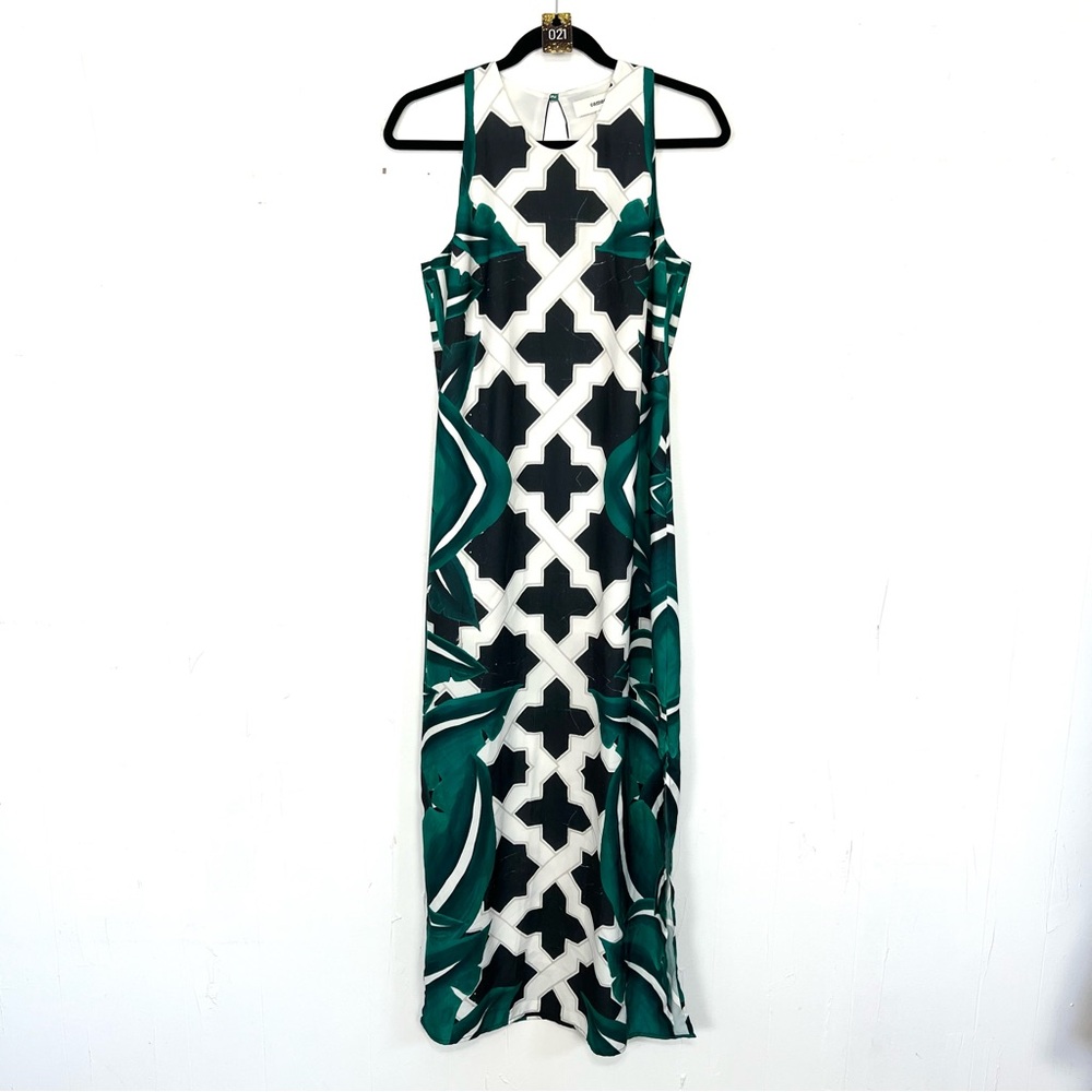 Emerald Green and White Graphic Maxi Dress with Mandarin Collar